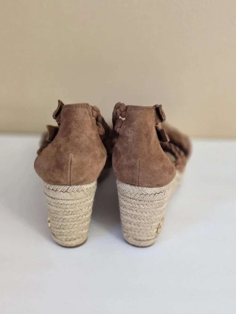 Tory Burch Bailey Suede Leather Espadrille Platform Wedge Brown 7 Ankle Straps